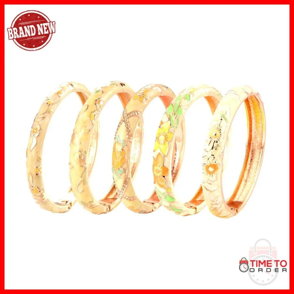 5-Piece Enamel Bangle Bracelet Set, Rose Flower Engraved, Alloy Material